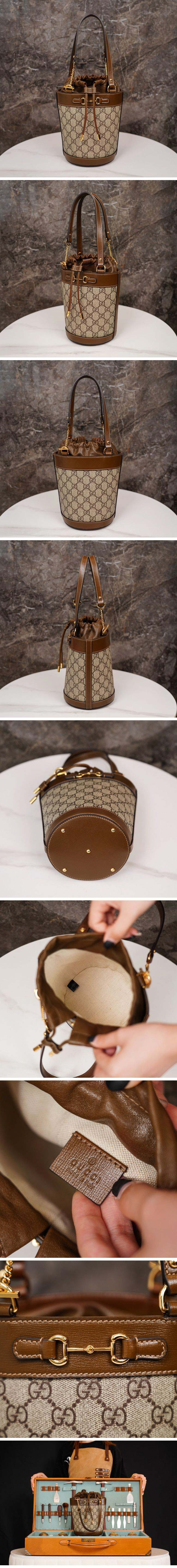 Gucci グッチ Horsebit 1955 Small Bucket Bag ホースビット 1955 スモールバケットバッグ GGスプリーム ベージュ＆エボニー