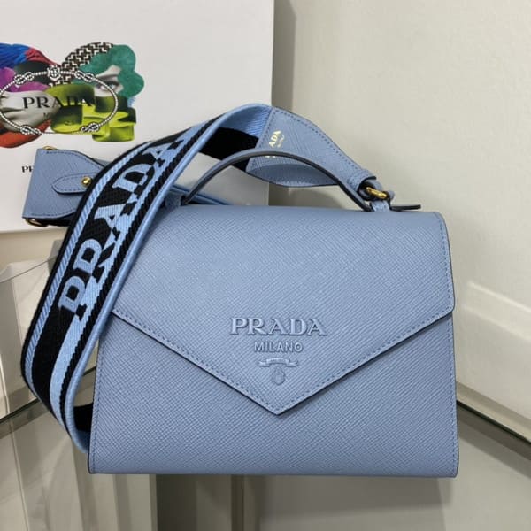 Prada Monochrome Saffiano leather bag プラダ モノクローム サフィアーノxレザー バッグ ライトブルー